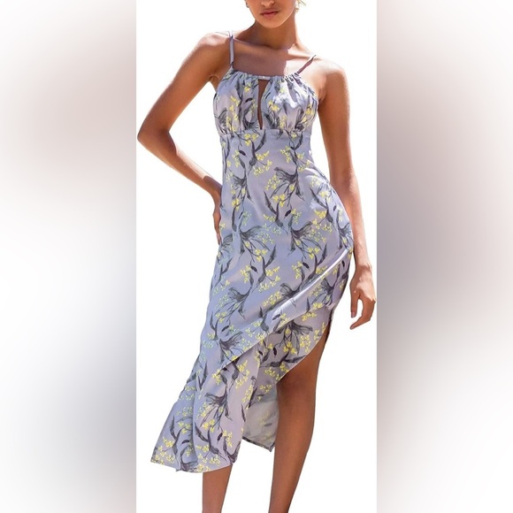 NWT Cupshe Floral Keyhole Midi Dress Gray Yellow Size Medium - Picture 1 of 9